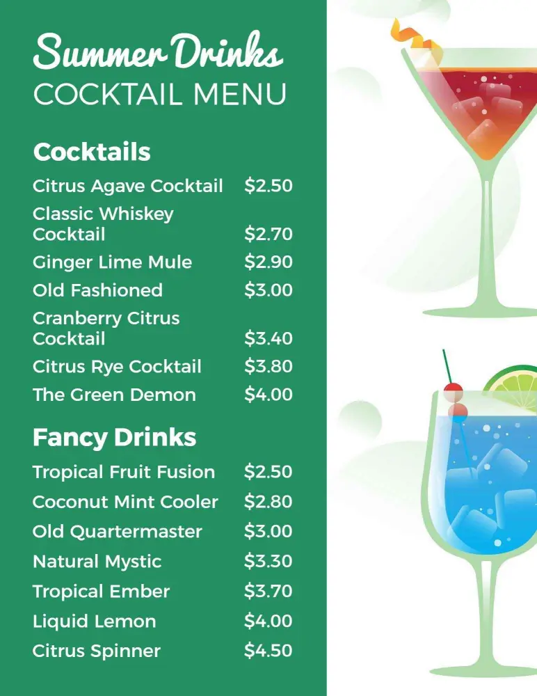 Refreshing Summer Cocktail Selections Featuring Varied Flavors Cocktail Menu Template