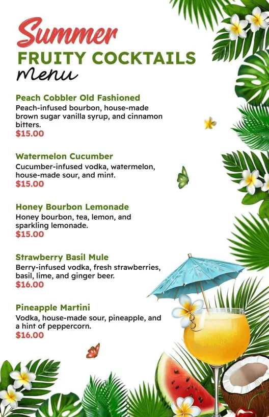 Refreshing Summer Cocktails with Fruity Flavors Cocktail Menu Template