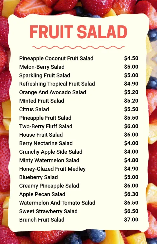 Refreshing Summertime Treats Featuring Diverse Fruit Salad Menu Template