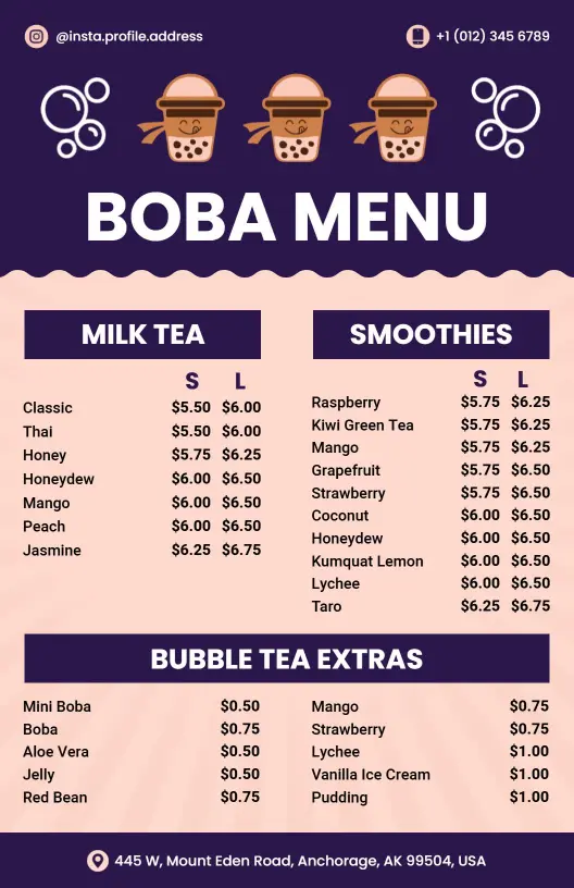 Refreshing Sweet Milk Teas and Smoothies Delight Boba Menu Template