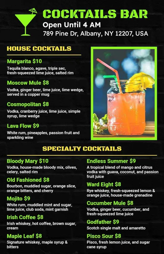 Refreshing Tropical and Classic Cocktails Featuring Unique Blends Cocktail Menu Template