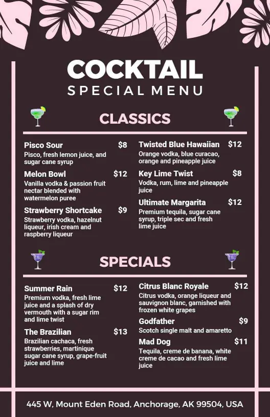 Refreshing Tropical and Classic Selections Cocktail Menu Template