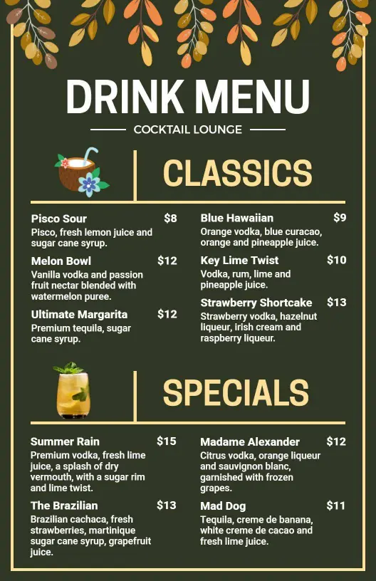 Refreshing Tropical Cocktail Creations and Classics Cocktail Menu Template