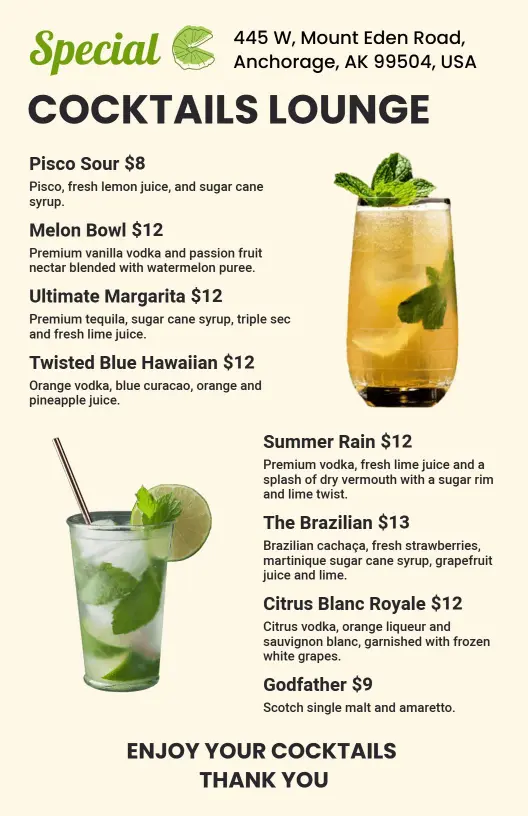 Refreshing Tropical Fruit and Unique Spirit Creations Cocktail Menu Template