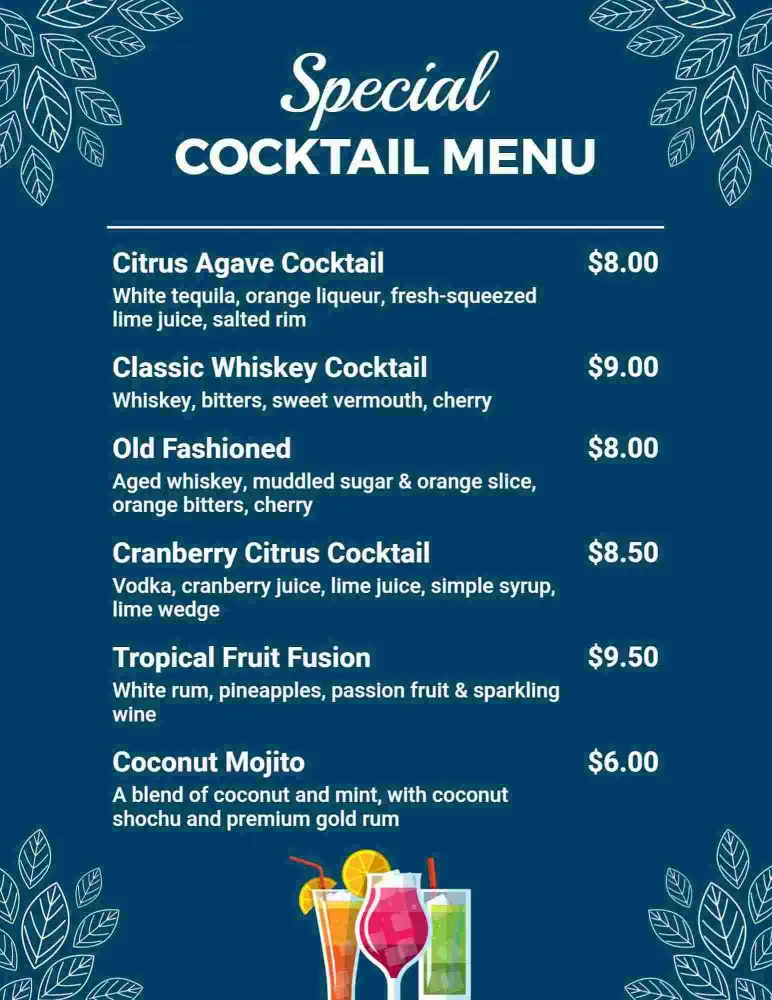 Refreshing Tropical Fruit Cocktails and Straight Classics Cocktail Menu Template