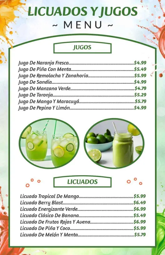 Refreshing Tropical Fruit Juices and Smoothies Juice Menu Template