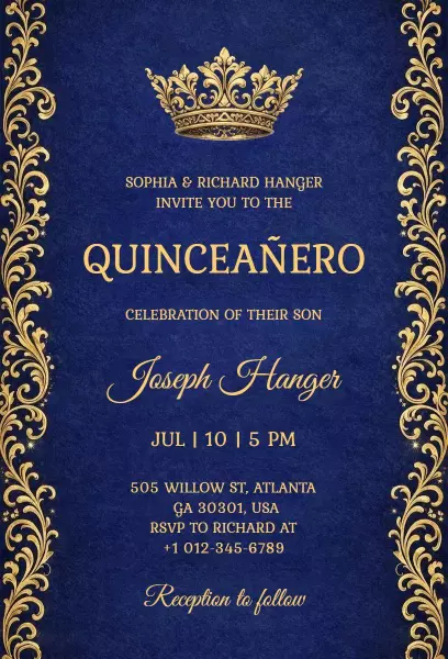 Regal Blue Gold Crown Quinceanero Celebration Invitation Template