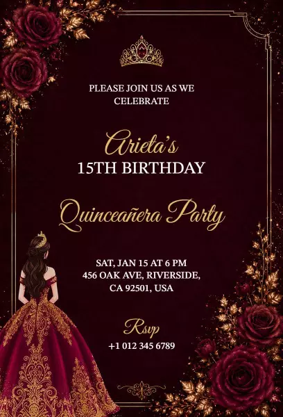 Regal Burgundy Quinceanera Celebration Birthday Invitation Template
