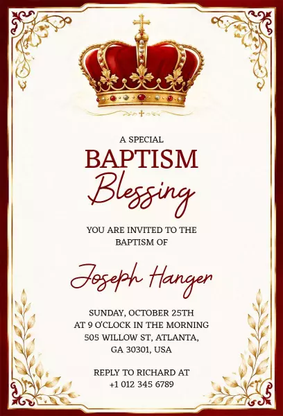 Regal Crown Baptism Celebration Blessing Invitation Template