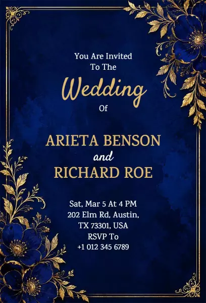 Regal Floral Navy Blue Wedding Celebration Invitation Template