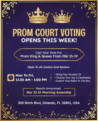 Regal Purple Prom Court Voting Announcement Flyer Template