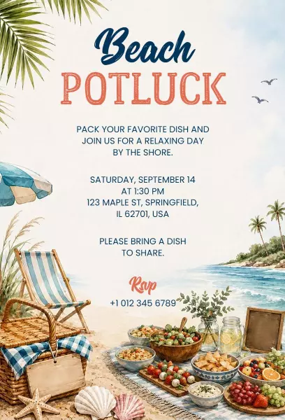Relaxing Beach Gathering Summer Potluck Invitation Template