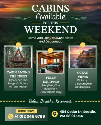 Relaxing Forest Escape Weekend Cabin Rental Poster Template