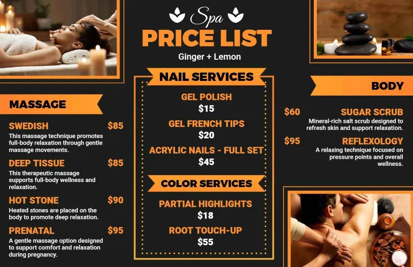 Relaxing Spa Body Treatments and Massage Price List Template