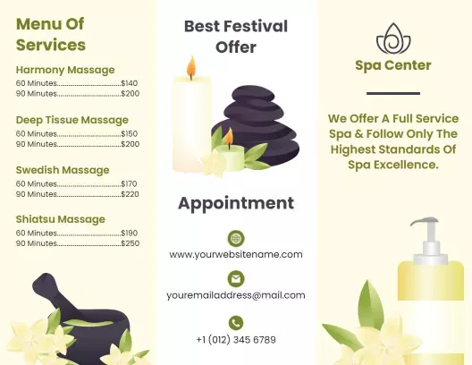 Relaxing Spa Services Menu and Festival Offer Brochure Template