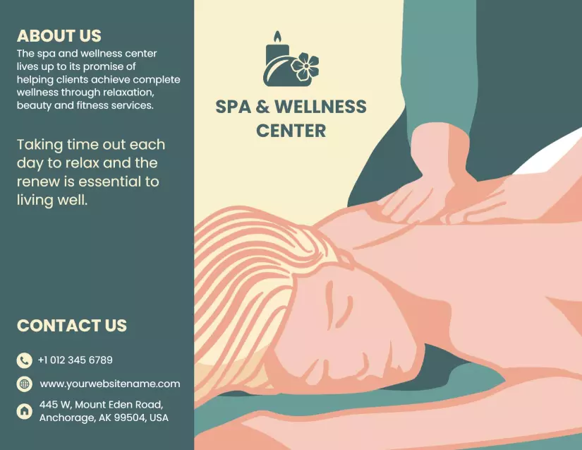 Relaxing Spa Wellness Center Massage and Beauty Services Brochure Template