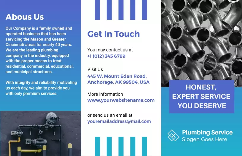Reliable Blue Plumbing Services and Solutions Tri Fold Brochure Template