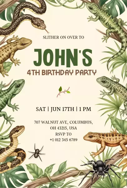 Reptile Adventure 4th Birthday Celebration Invitation Template