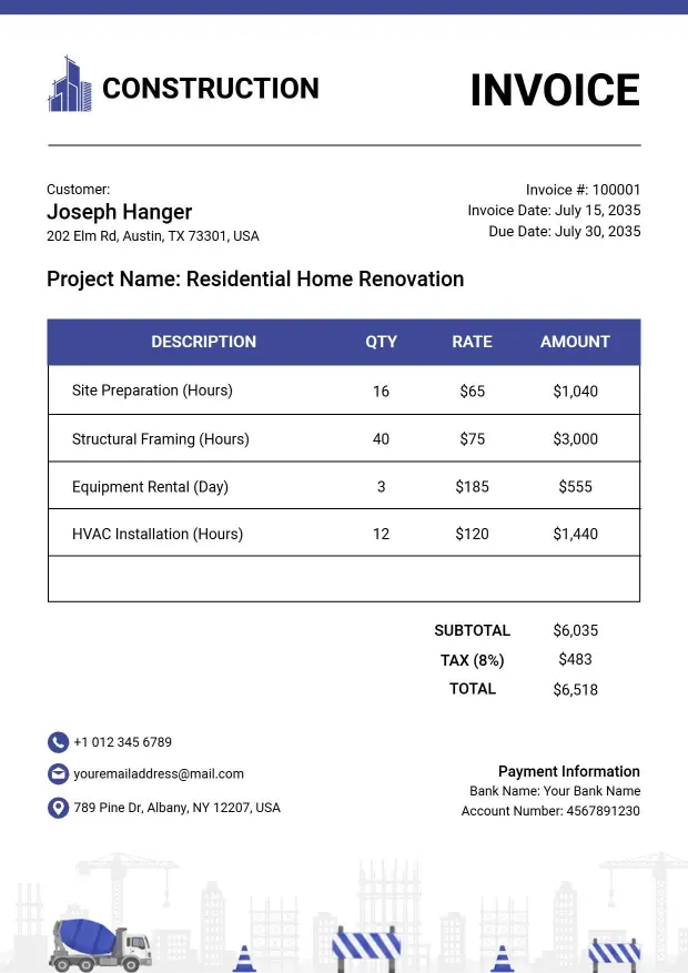 Residential Construction Service Charges Invoice Template