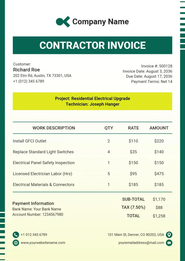Residential Electrical Services Billing with Rates Contractor Invoice Template