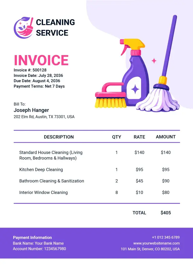 Residential House Cleaning Services with Charges Invoice Template