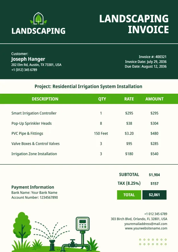 Residential Irrigation System Installation Billing Landscaping Invoice Template