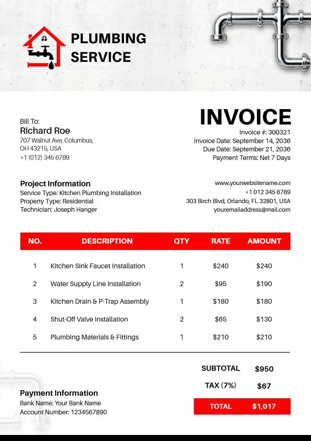 Residential Kitchen Plumbing Service with Charges Invoice Template