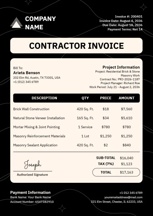 Residential Masonry Work Billing Contractor Invoice Template