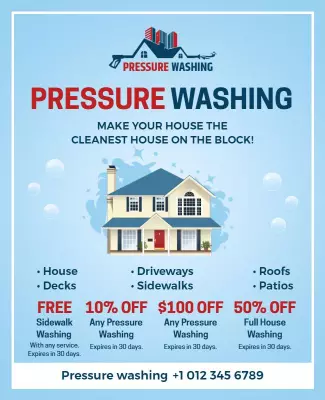Bright Blue Residential Pressure Washing Promotion Flyer Template