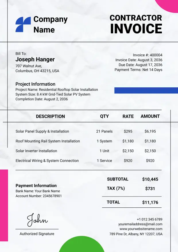 Residential Solar Installation Billing with Costs Contractor Invoice Template