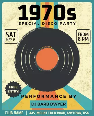 Retro 1970s Disco Vinyl Record Party Flyer Template