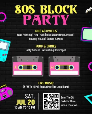 Retro 80s Block Party with Cassette Tapes Flyer Template