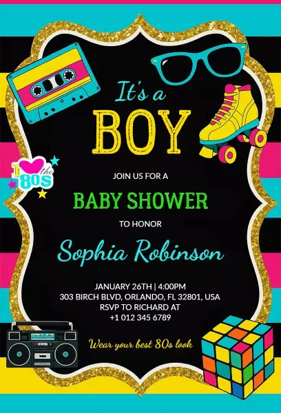 Retro 80s Party Theme Baby Shower Invitation Template