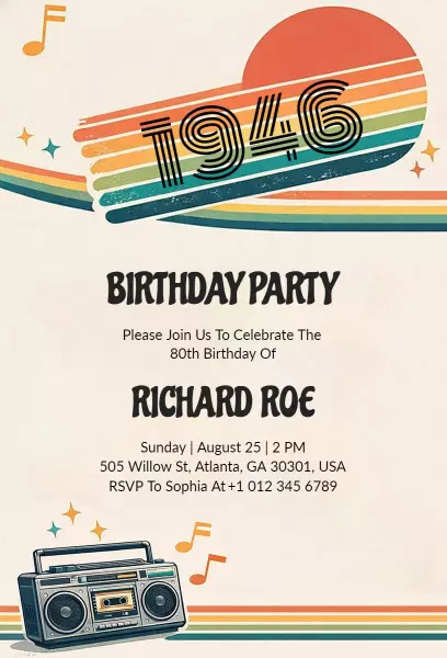 Retro 80th Birthday Celebration Boombox Invitation Template