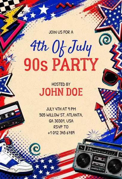 Retro 90s Independence Day Celebration Invitation Template