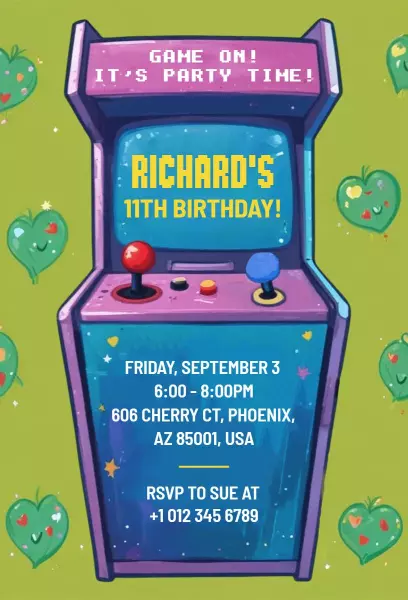 Retro Arcade Video Game Birthday Party Invitation Template
