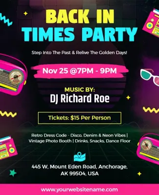 Retro Back in Time Party Celebration Flyer Template