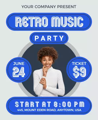 Retro Blue Themed Music Party Celebration Poster Template