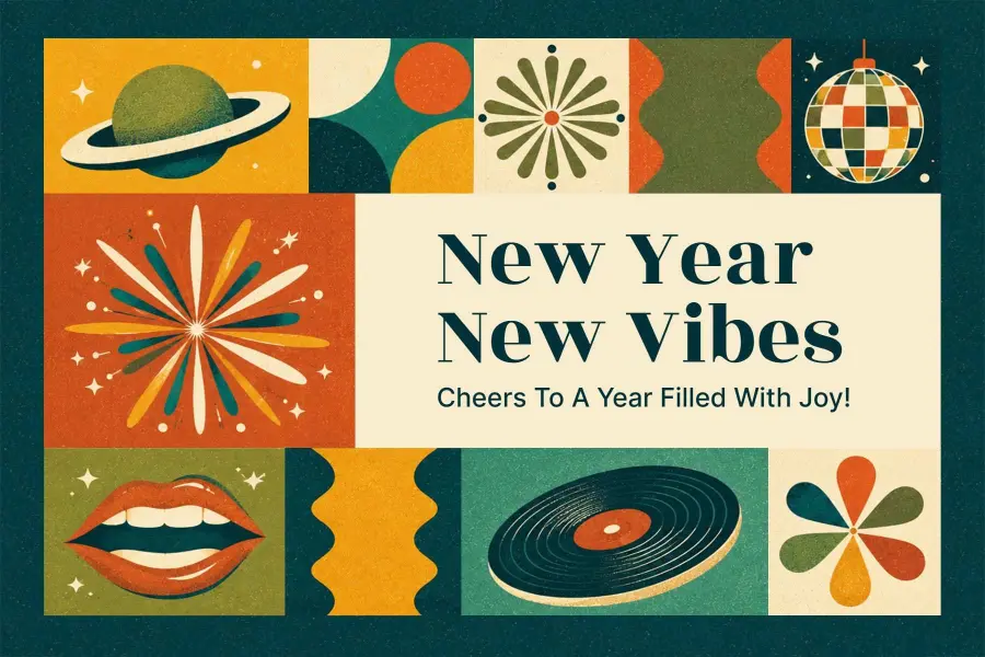 Retro Colorful Happy New Year Postcard Template