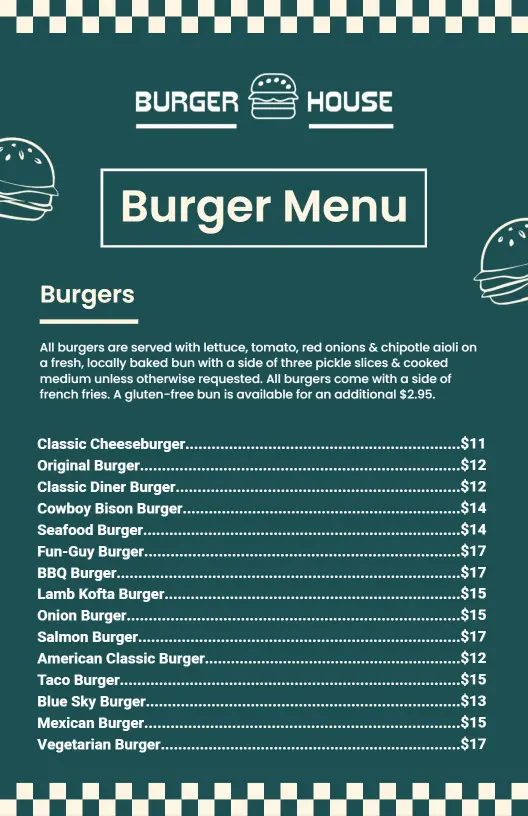 Retro Green Checkerboard Style Burgers and Smoothies Menu Template