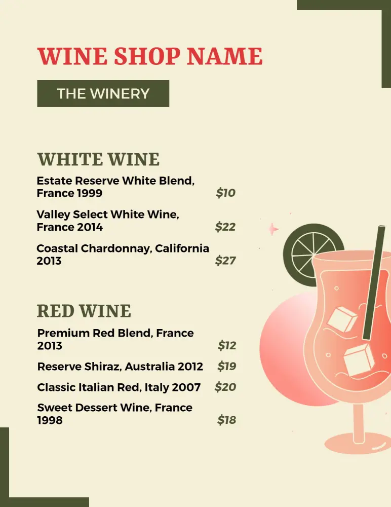 Retro Illustration Wine Glass Design Menu Template