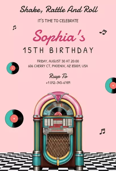 Retro Jukebox 15th Birthday Celebration Invitation Template