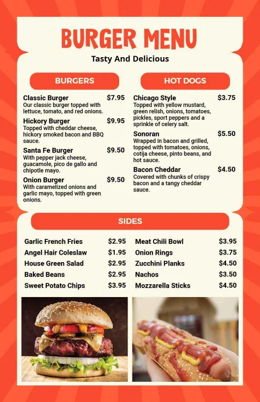 Retro Orange Burger and Gourmet Sides Menu Template