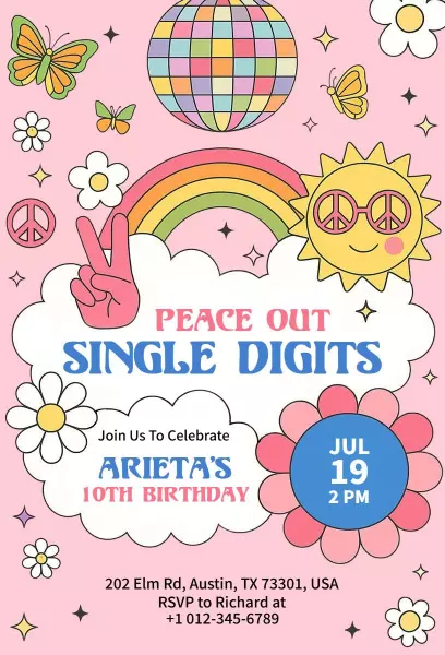 Retro Peace Out Rainbow 10th Birthday Celebration Invitation Template