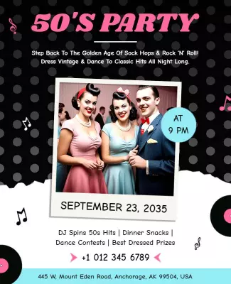 Retro Pink 50's Party Dance Celebration Poster Template