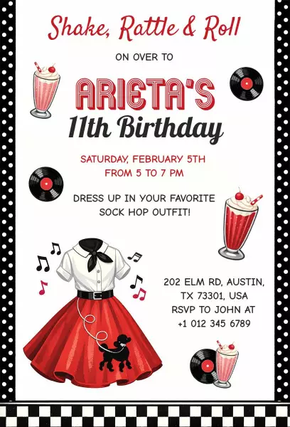 Retro Sock Hop 11th Birthday Celebration Invitation Template