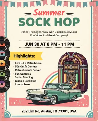Retro Summer Sock Hop Event Flyer Template