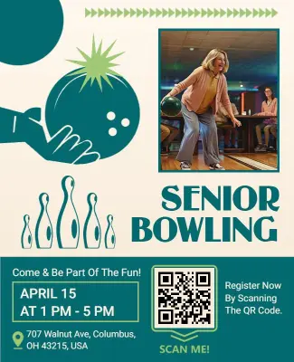 Retro Teal Senior Bowling Event Flyer Template