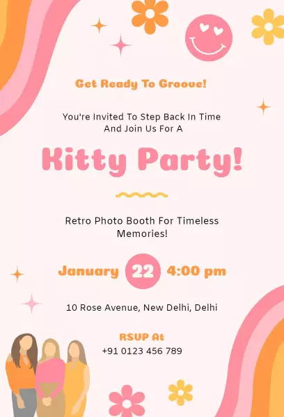 Retro Themed Kitty Party Fun Gathering Invitation Template