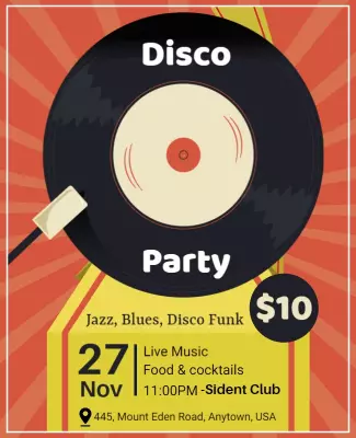 Retro Vinyl Record Disco Party Invitation Poster Template